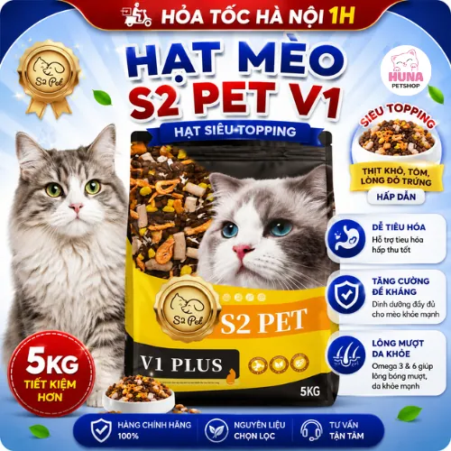Hạt Cho Mèo S2 PET V1 – Đạm Cao 32%, Mix 50% Hạt + 50% Topping Thịt Sấy