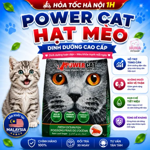 Bao 8kg Thức Ăn Hạt Cho Mèo Powercat Vị Cá Ngừ - Không muối, Giàu Protein