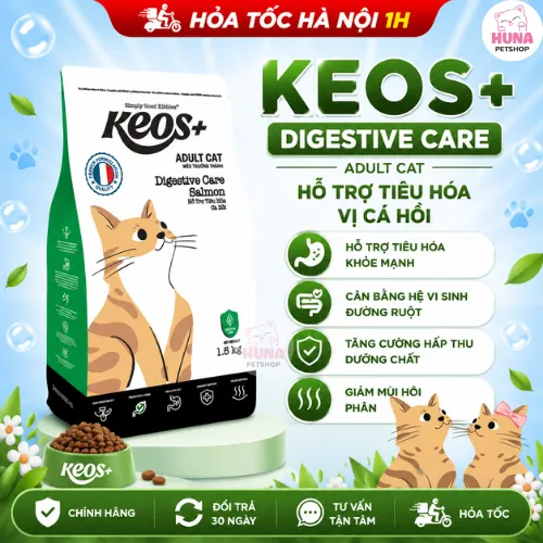 Thức ăn hạt cho mèo trưởng thành Keos+ Adult Cat Digestive care vị Cá Hồi, Hỗ trợ tiêu hóa