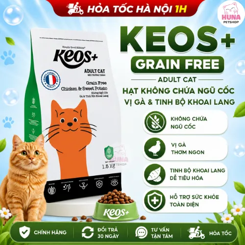 Thức ăn hạt cho mèo Keos+ Adult Cat Grain Free vị Gà & Tinh bột khoai lang, không chứa ngũ cốc