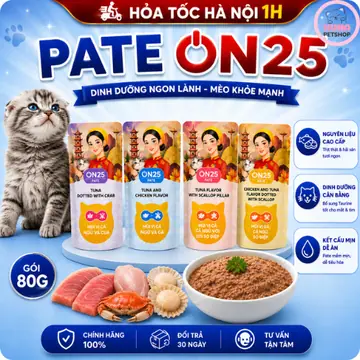 [THÙNG 48 GÓI] Pate Mèo ON25 Cá Ngừ 6 Vị – Lông Mượt, Giảm Búi Lông, Bổ Sung Nước