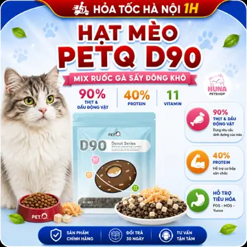 Thức ăn hạt cho mèo PetQ, Hạt Donut D90 PetQ mọi tuổi mèo, Nhân ruốc gà Topping gà sấy, 40% protein, 90% thịt & dầu