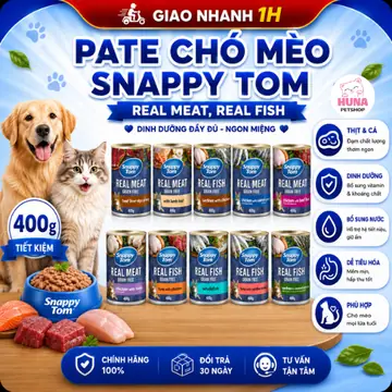 COMBO tiết kiệm Pate Snappy Tom Lon 400G Cho Mèo Cá Thật, Dạng Nguyên Miếng, Sốt, Nhuyễn