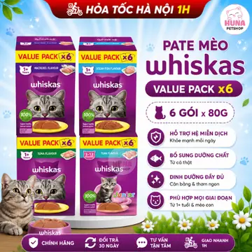 Pate mèo Whiskas 80g - Hộp 6 gói hãng Tiết kiệm
